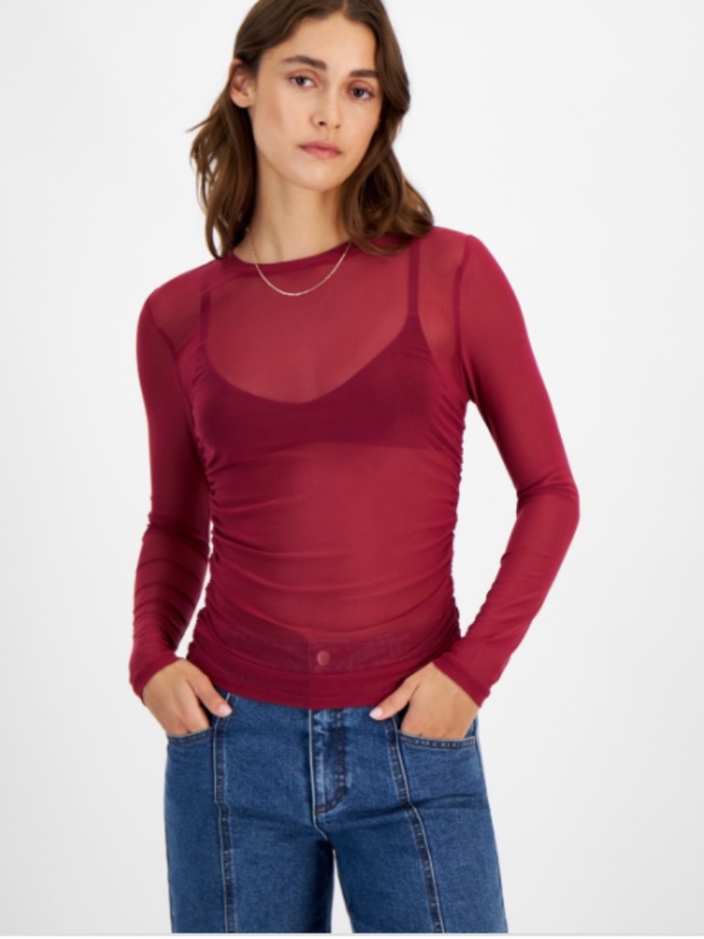 Just Polly Juniors' Side-Ruched Long-Sleeve Mesh Top - Beaujolais SIZE XS NWT